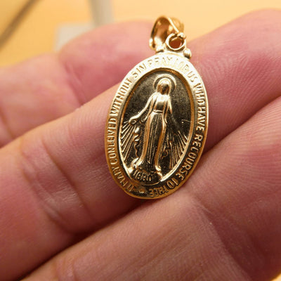 14k Gold Miraculous Medal Oval Small Pendant 0.4" X 0.65" - Guadalupe Gifts