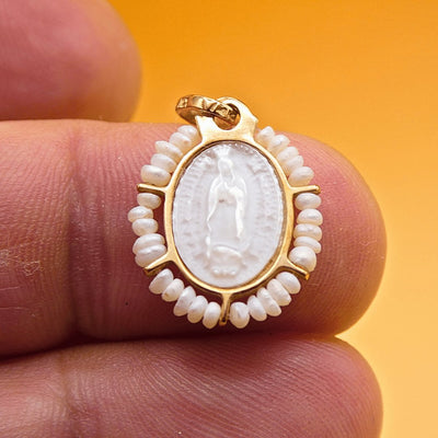 14k Gold Mother of Pearl Virgen de Guadalupe Pendant w/ Pearls - Guadalupe Gifts