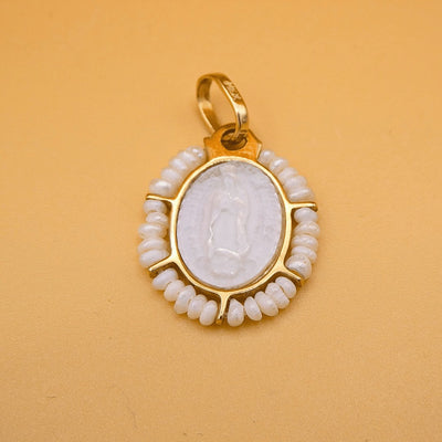 14k Gold Mother of Pearl Virgen de Guadalupe Pendant w/ Pearls - Guadalupe Gifts