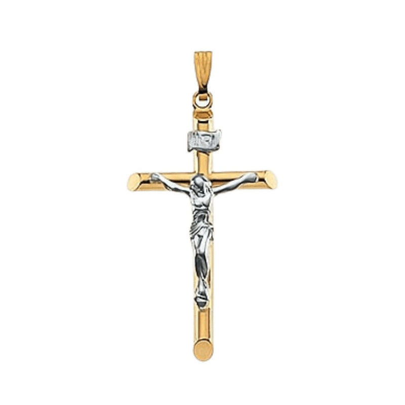 14k Gold Two-Tone Crucifix Cross Pendant 0.9" X 1.4" - Guadalupe Gifts