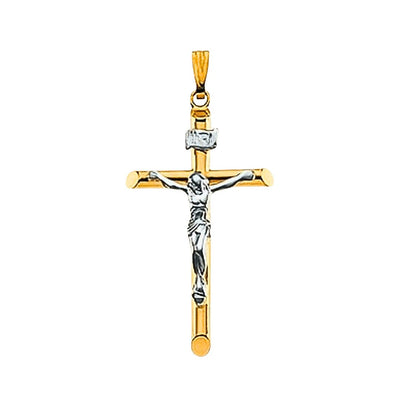 14k Gold Two-Tone Crucifix Cross Pendant 1" X 1.8" - Guadalupe Gifts