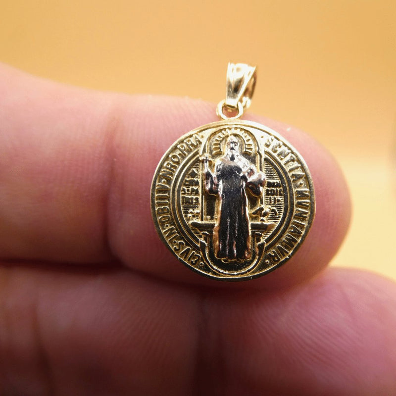 14k Gold Two-Tone Saint Benedict Medal Round Pendant 0.55" - Guadalupe Gifts