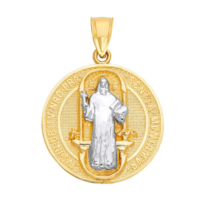 14k Gold Two-Tone Saint Benedict Medal Round Pendant 0.55" - Guadalupe Gifts