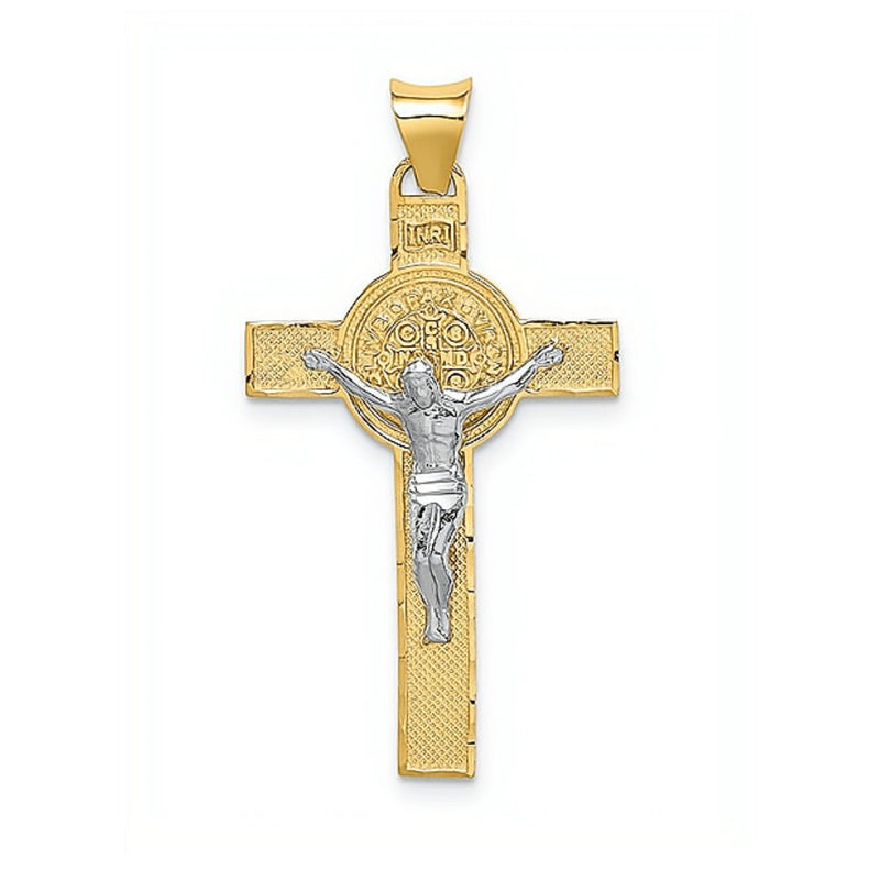 14k Gold Two-Tone St. Benedict Medal Crucifix Cross Pendant 0.7" X 1.2" - Guadalupe Gifts