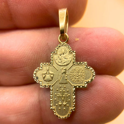 14kt Yellow Gold 4-Way Cross Medal 1" x 0.7" - Guadalupe Gifts