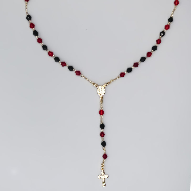 Gold-Plated Tiny Black & Red Crystal Beads Our Lady of Grace Necklace 16-inch