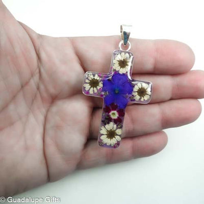 Silver Plated Cross Pendant with Pressed Flowers