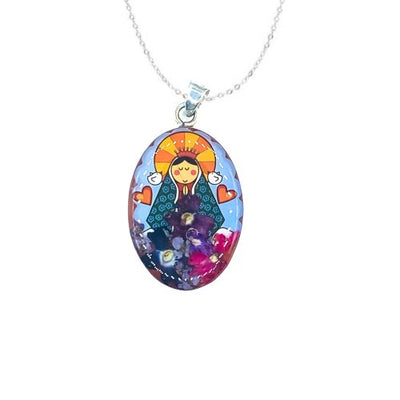 Baby Guadalupe Medium Oval Necklace w/ Pressed Flowers - Guadalupe Gifts