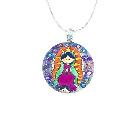 Baby Guadalupe Medium Round Pendant w/ Pressed Flowers - Guadalupe Gifts