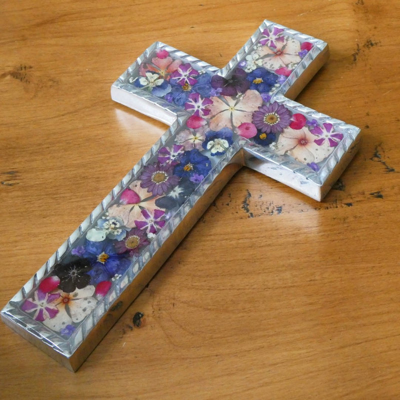 Baroque Wall Large Cross w/ Pressed Flowers 8.5" - Guadalupe Gifts
