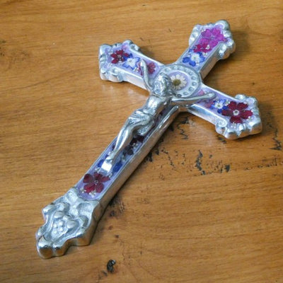 Baroque Wall Small Crucifix w/ Pressed Flowers 7.5" - Guadalupe Gifts