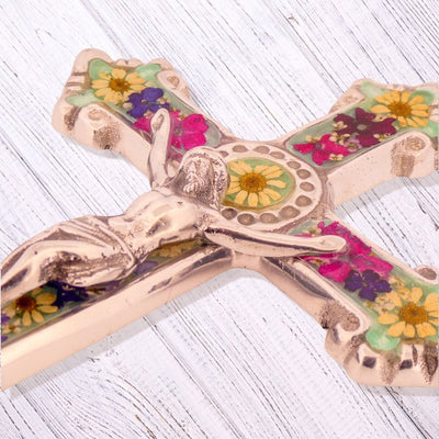 Baroque Wall Small Crucifix w/ Pressed Flowers 7.5" - Guadalupe Gifts