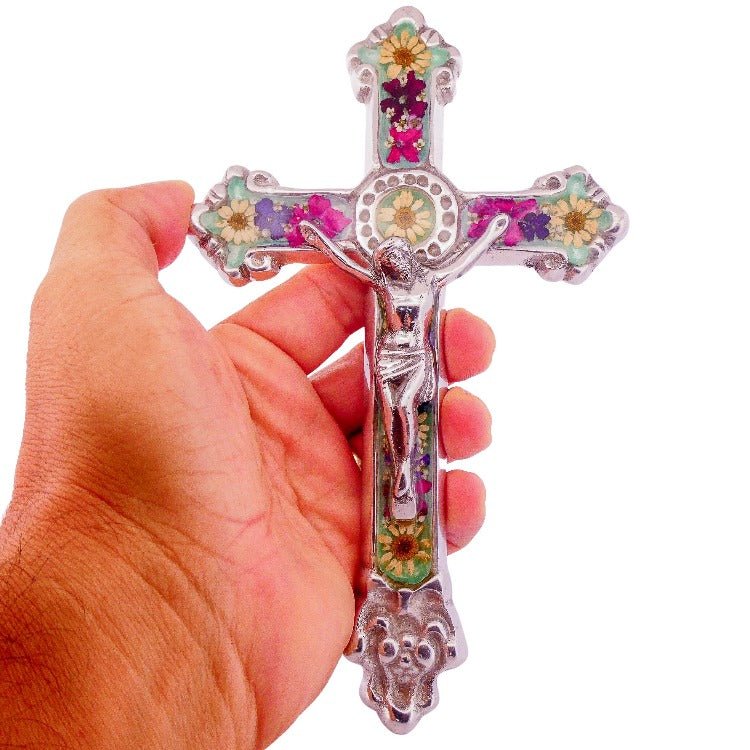 Baroque Wall Small Crucifix w/ Pressed Flowers 7.5" - Guadalupe Gifts