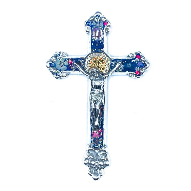 Baroque Wall Small Crucifix w/ Pressed Flowers & St. Benedict Medal 7.5" - Guadalupe Gifts