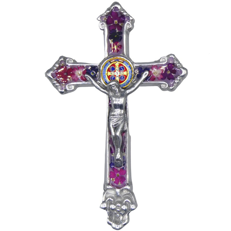 Baroque Wall Small Crucifix w/ Pressed Flowers & St. Benedict Medal 7.5" - Guadalupe Gifts