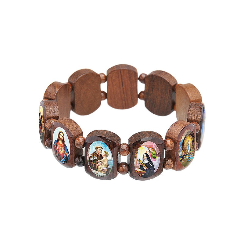 Brazilian Wood Saints Stretchable Bracelet w/ Color Images - Guadalupe Gifts