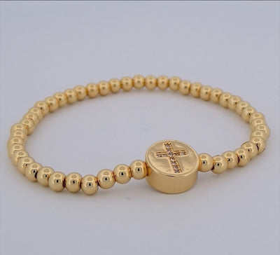 video gold plated beaded bracelet w/ cross