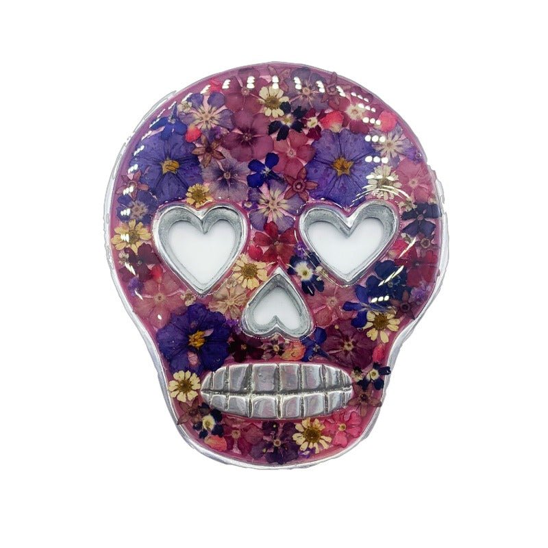 Calavera Wall Ornament w/ Pressed Flowers 5" x 3.5" - Guadalupe Gifts
