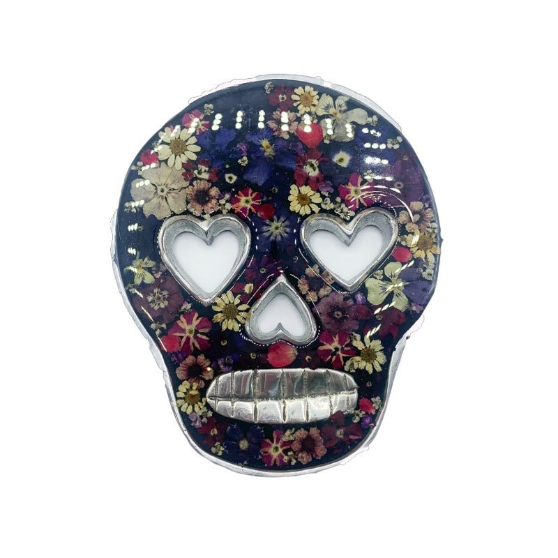 Calavera Wall Ornament w/ Pressed Flowers 5" x 3.5" - Guadalupe Gifts