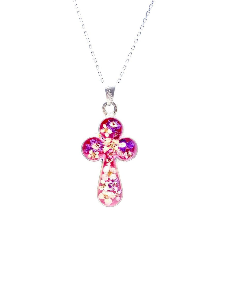 Clover Cross Necklace w/ Pressed Flowers - Guadalupe Gifts
