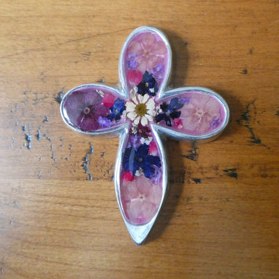 Clover Small Cross w/ Pressed Flowers 3.5" - Guadalupe Gifts
