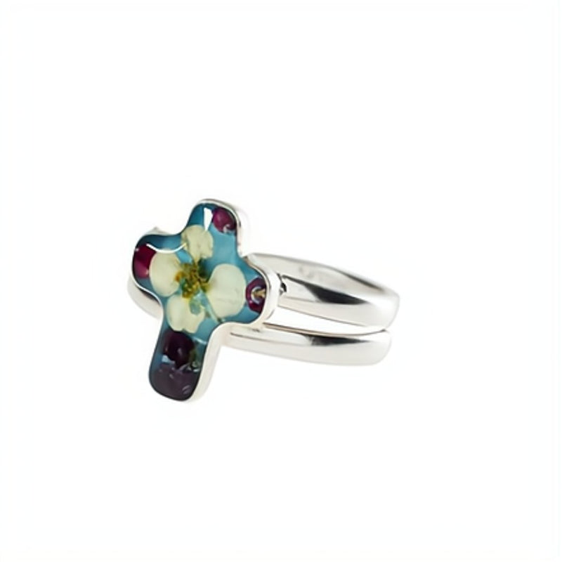 Cross Adjustable Ring w/ Pressed Flowers - Guadalupe Gifts