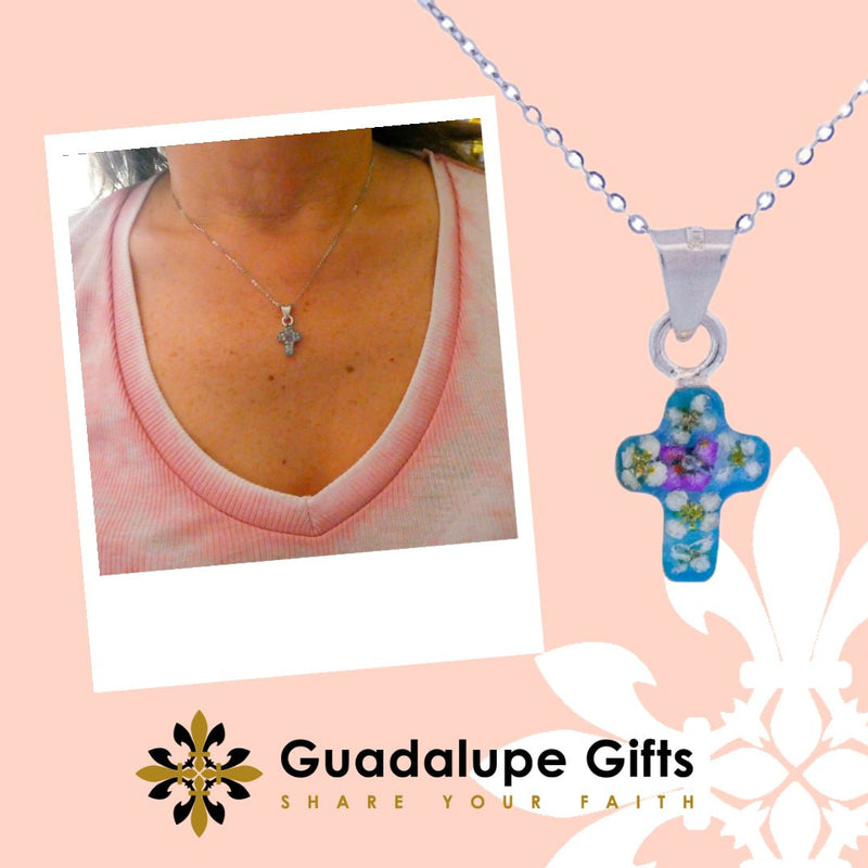 Dainty Cross Necklace w/ Pressed Flowers - Guadalupe Gifts