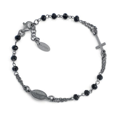 Dark Rhodium-Plated Silver Rosary Bracelet w/ Black Crystals - Guadalupe Gifts