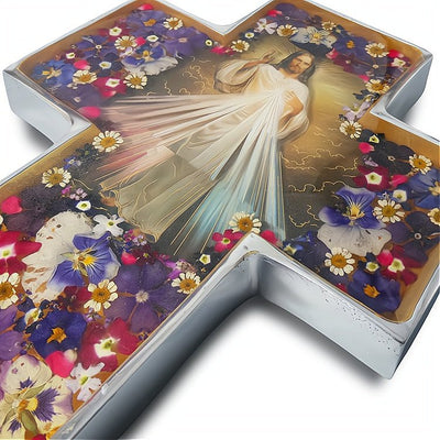 Divine Mercy Grand Wall Cross w/ Pressed Flowers 11" - Guadalupe Gifts