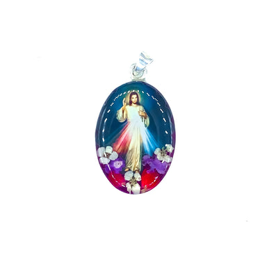 Divine Mercy Medium Oval Pendant w/ Pressed Flowers - Guadalupe Gifts