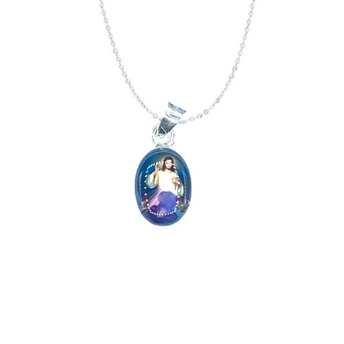 Divine Mercy Mini Oval Pendant w/ Pressed Flowers - Guadalupe Gifts