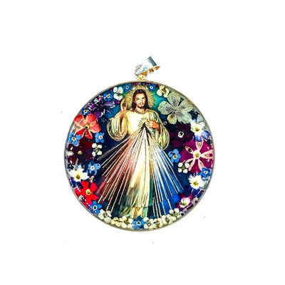 Divine Mercy Round Medallion w/ Pressed Flowers 2.4" x 2.4" - Guadalupe Gifts
