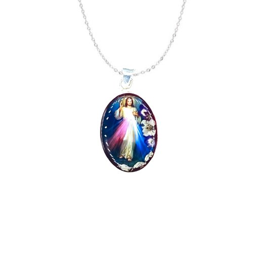 Divine Mercy Small Oval Pendant w/ Pressed Flowers - Guadalupe Gifts