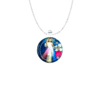 Divine Mercy Small Round Pendant w/ Pressed Flowers - Guadalupe Gifts