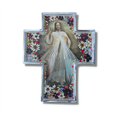 Divine Mercy Wide Wall Cross w/ Pressed Flowers 6.5" - Guadalupe Gifts