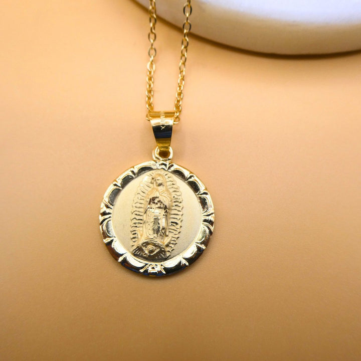 14k Tri-Color Gold Our Lady Of Guadalupe Medallion Pendant - Cubic Zirconia Floral Miraculous Medal