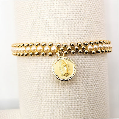 Gold Our Lady of Guadalupe Elastic Bracelet w/ Beads and Pearls - Guadalupe Gifts