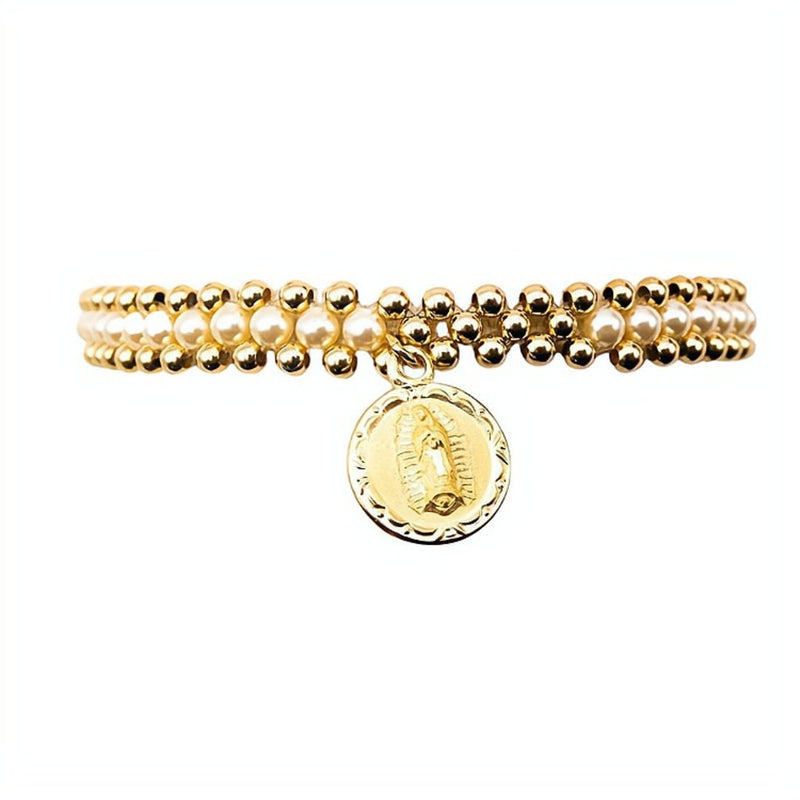 Gold Our Lady of Guadalupe Elastic Bracelet w/ Beads and Pearls - Guadalupe Gifts