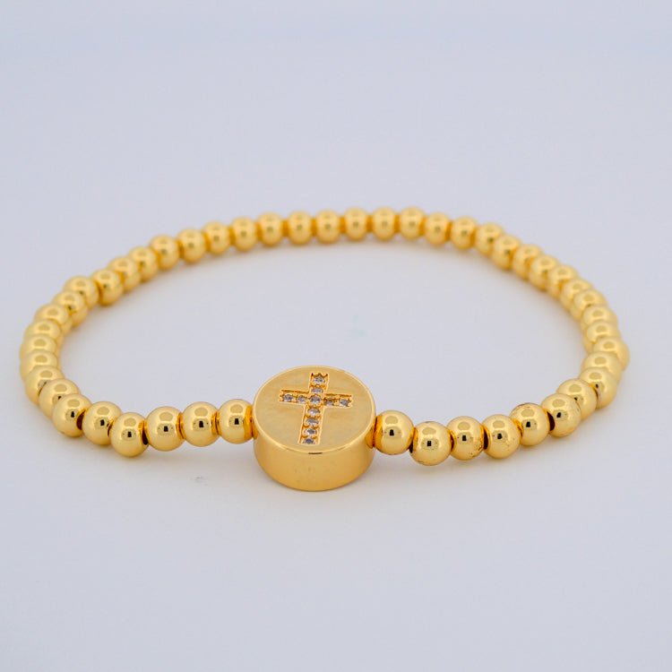 Gold-Plated Beaded Cross Bracelet w/ White Zirconias - Guadalupe Gifts