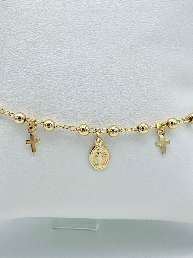 Gold-Plated Beaded Our Lady of Grace & Cross Charms Bracelet - Guadalupe Gifts