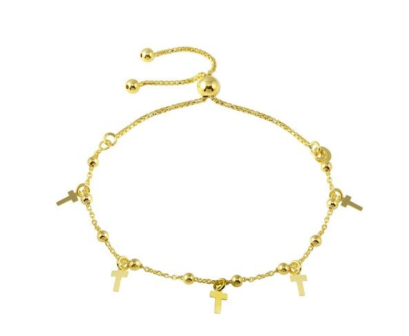 Gold-Plated Beaded Silver Cross Charm Lariat Bracelet - Guadalupe Gifts