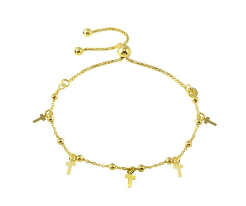 Gold-Plated Beaded Silver Cross Charm Lariat Bracelet - Guadalupe Gifts