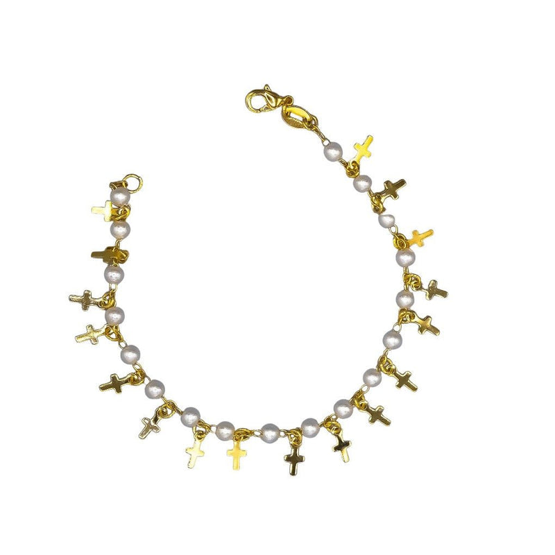 Gold-Plated Cross Charm Bracelet w/ Simulated Pearls - Guadalupe Gifts