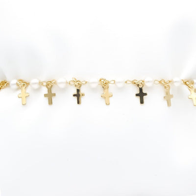 Gold-Plated Cross Charm Bracelet w/ Simulated Pearls - Guadalupe Gifts