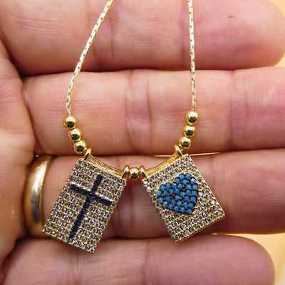 Gold-Plated Cross Heart Necklace with White and Blue Cubic Zirconia - Guadalupe Gifts