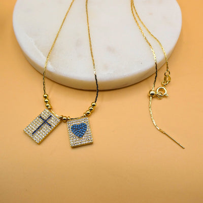 Gold-Plated Cross Heart Necklace with White and Blue Cubic Zirconia - Guadalupe Gifts