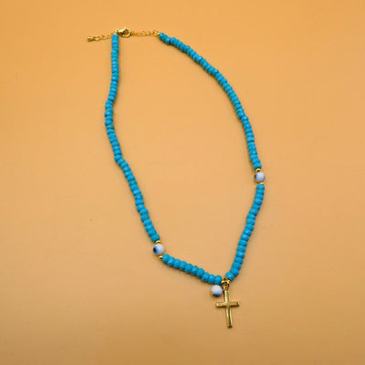 Gold-Plated Cross with Evil Eyes Blue Bead Necklace - Guadalupe Gifts