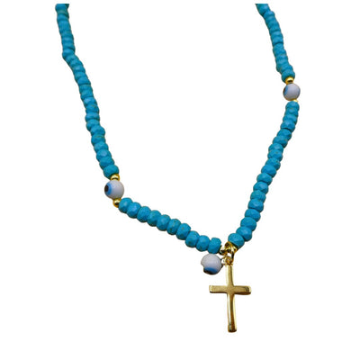 Gold-Plated Cross with Evil Eyes Blue Bead Necklace - Guadalupe Gifts