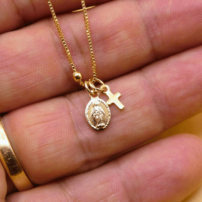 Gold-Plated Dainty Virgin Mary Cross Charm Beaded Necklace - Guadalupe Gifts
