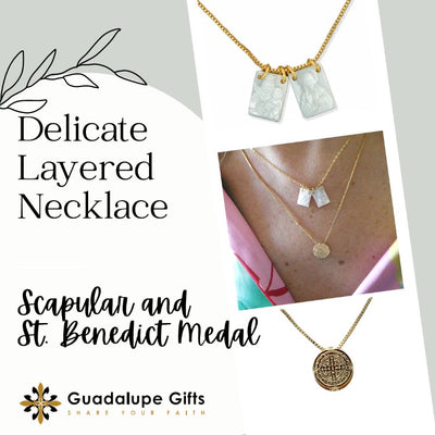 Gold-Plated Double Layered Necklace Set, Scapular & St. Benedict Medal - Guadalupe Gifts